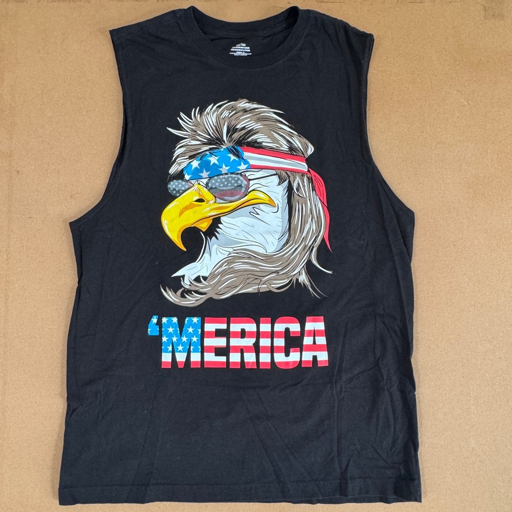 Merica Eagle Mullet Graphic Muscle Tank Top Black Mens Size Medium Patriotic